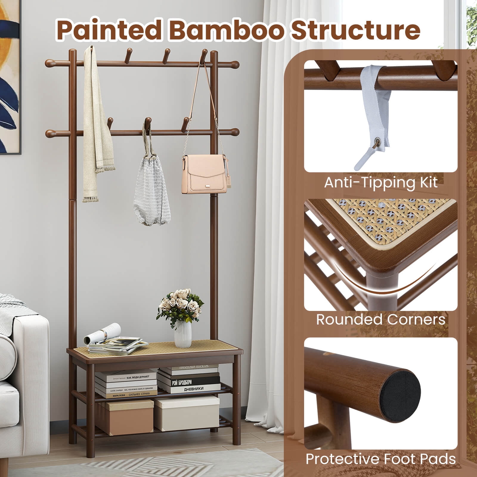 Costway Bamboo Coat Rack with Bench Shoe Storage 2 Hanging Rods 11 Hanging Hooks Shelves Brown