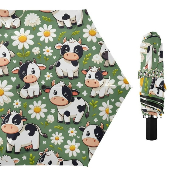 Cute Cow and Daisy Compact Sun Umbrella Windproof Travel Umbrellas for Rain Strong Portable UV Protection