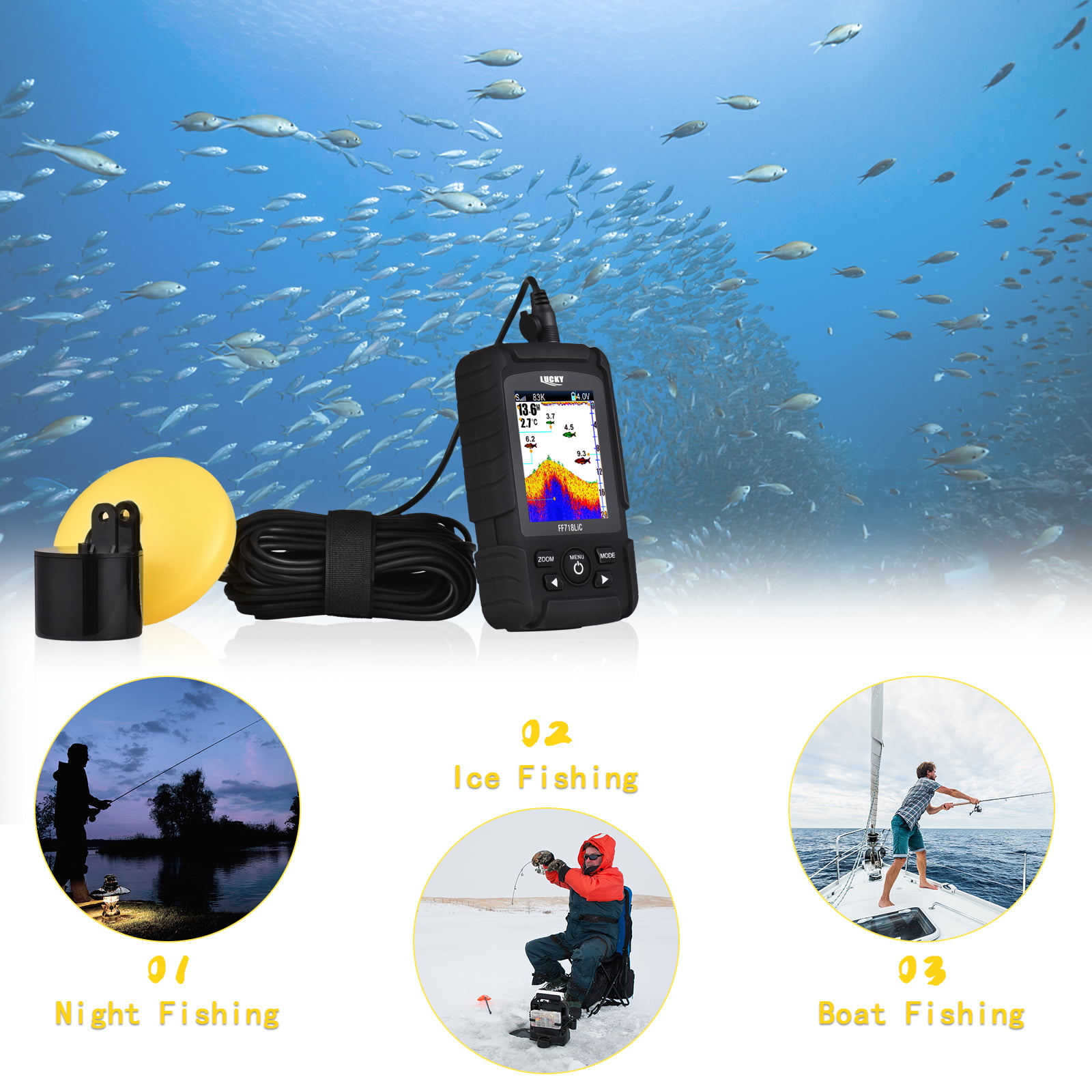 Portable Fish Finder Handheld Wired Fish Depth Finder Sonar