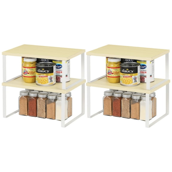 OYEAL Set of 4 White Stackable Cabinet Shelf, Expandable Wood Counter Shelves Organizer for Kitchen, Counter Top, Bathroom