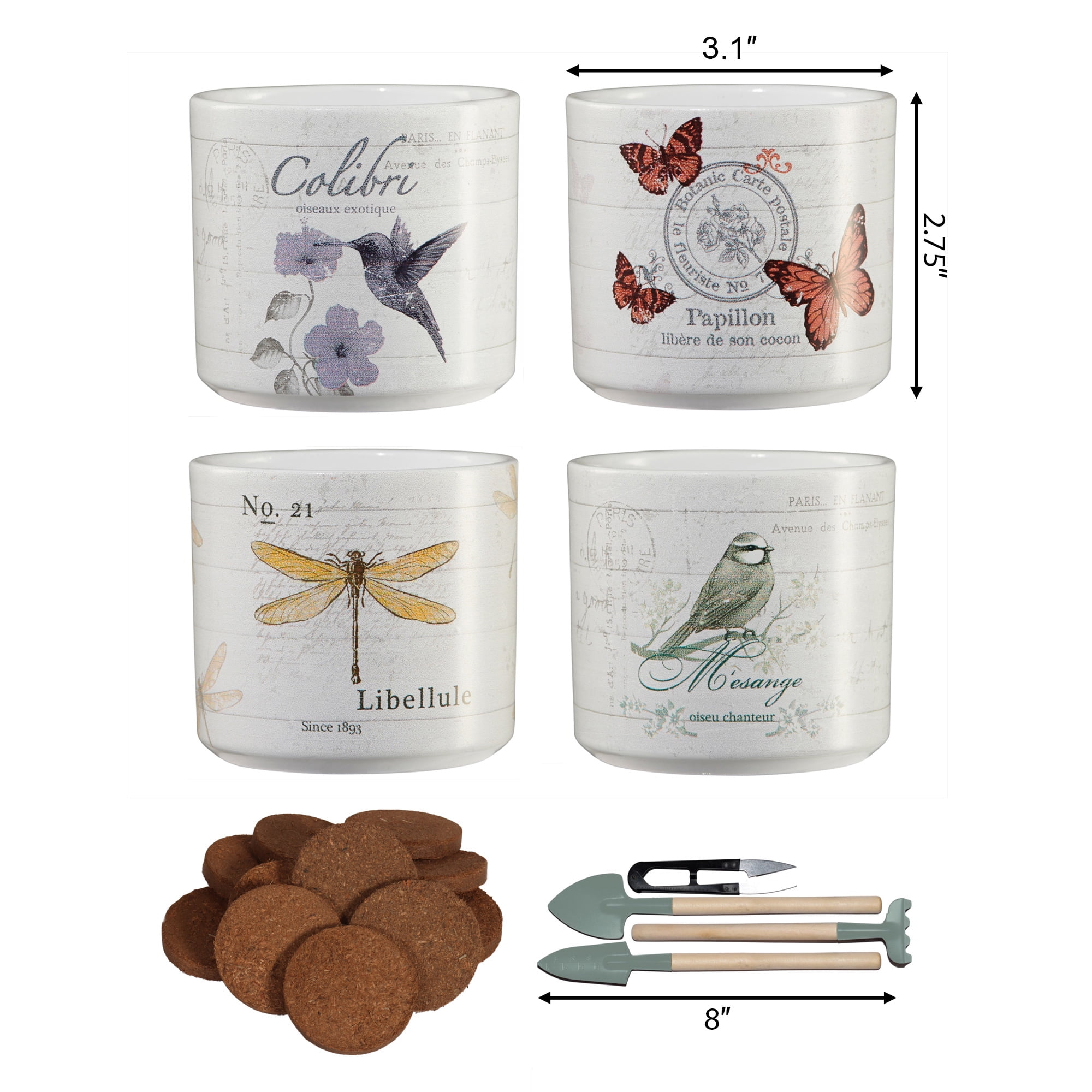 Vintage Garden Kit with Pots & Tools – Nature-Print Ceramic Planters Indoor Gardening Starter Set