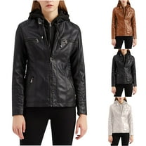 Feancey Women's PU Leather Jacket Motorcycle Bomber Jackets Biker Winter Coat with Detachable Hood Beige XXL