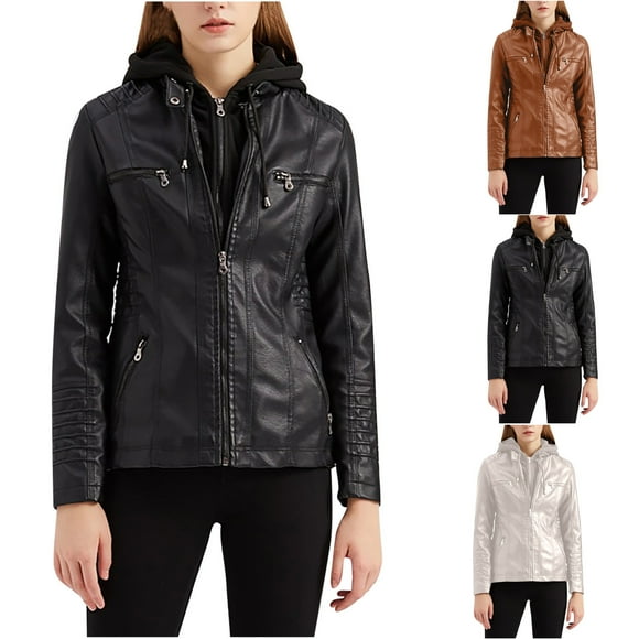 Feancey Women's PU Leather Jacket Motorcycle Bomber Jackets Biker Winter Coat with Detachable Hood Brown M