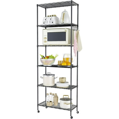 Homdox 6-Tier Wire Storage Rack with Wheels, Skinny Shelf for Small Spaces, Metal Shelves for Storage with Side Hooks, for Pantry Organization, Bathroom, Kitchen, Black