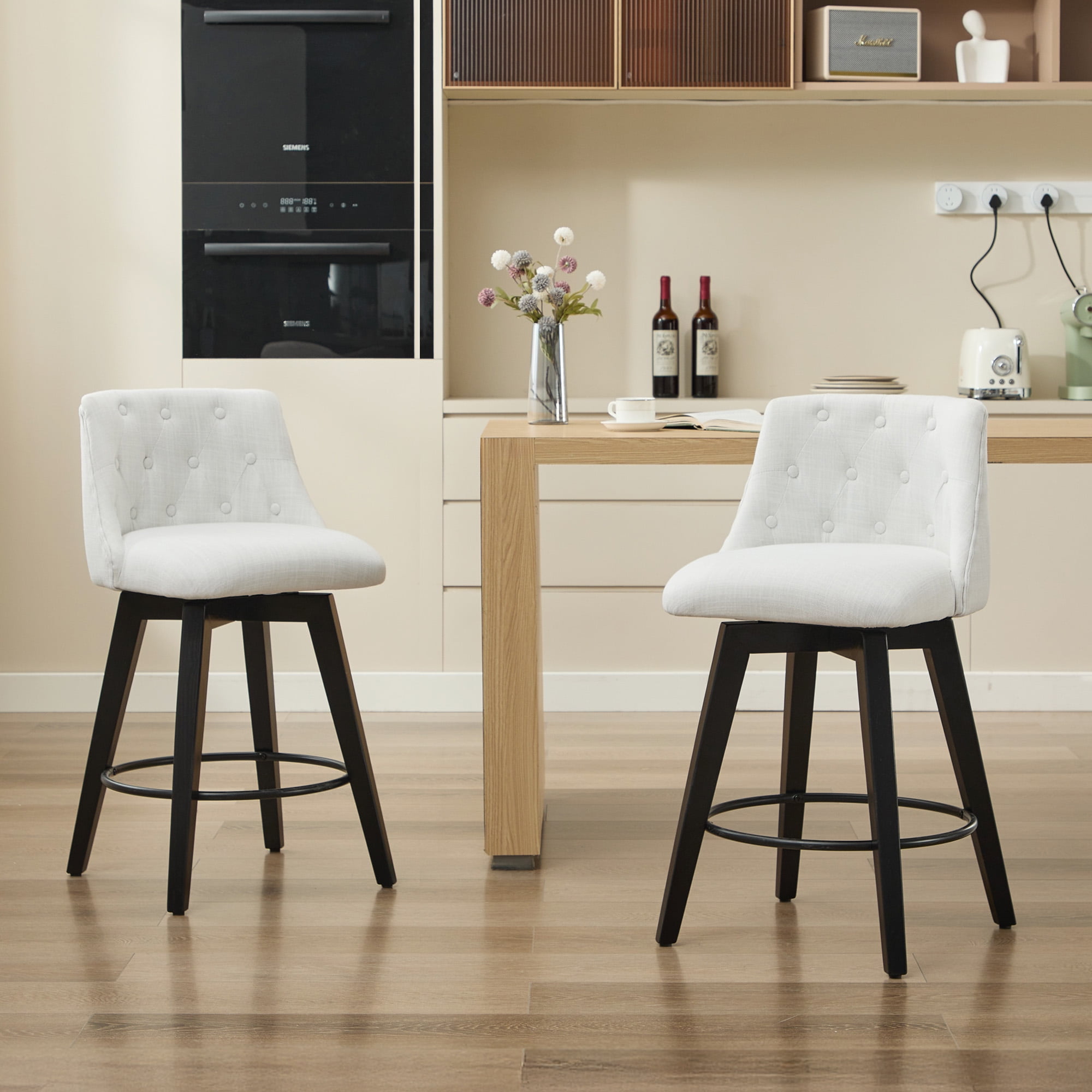 360 Degree Swivel Bar Stools Set of 2 Counter Height with Stain Resistant Linen and Button Tufted Back Solid Wood Frame in White
