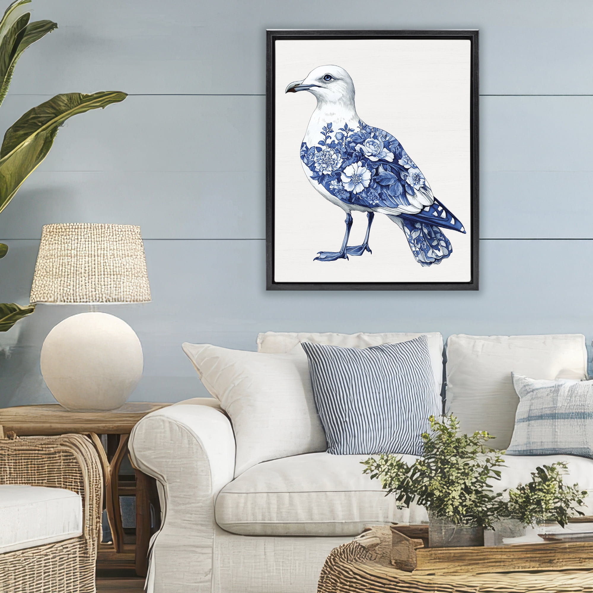 Funky Toile Seagull Black Framed Floater Canvas Wall Art, design by Lettered and Lined