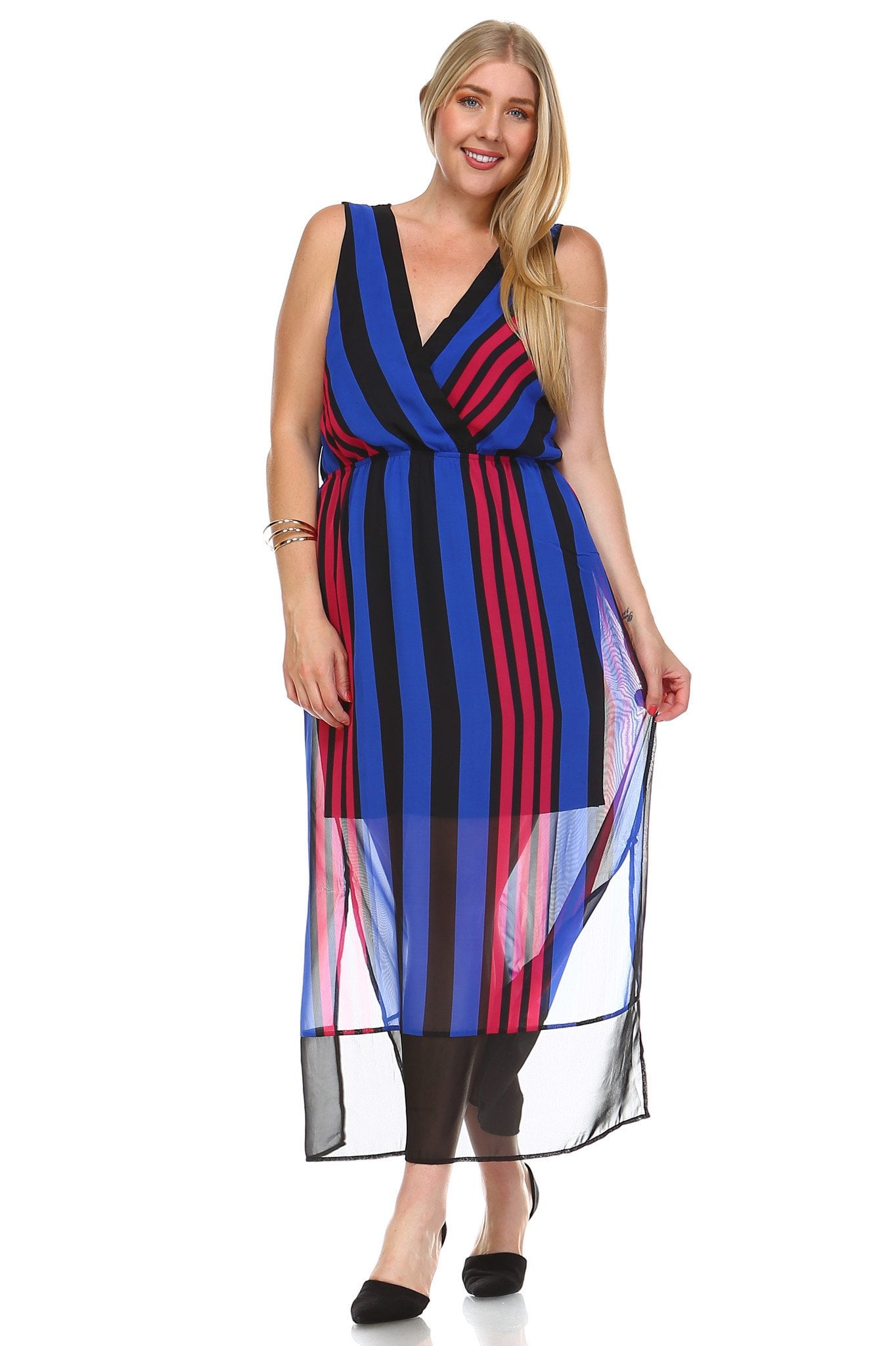 Christine V Women's Plus Size Striped V-Neck Chiffon Maxi Dress - Royal ...