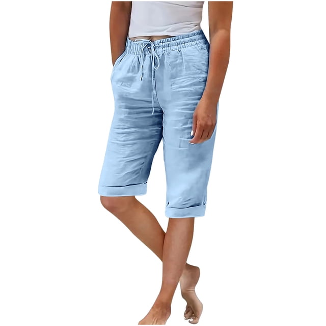 Timegard Shorts for Women Elastic Waist Button Straight Leg Lounge Shorts Solid Color Knee Length Pants
