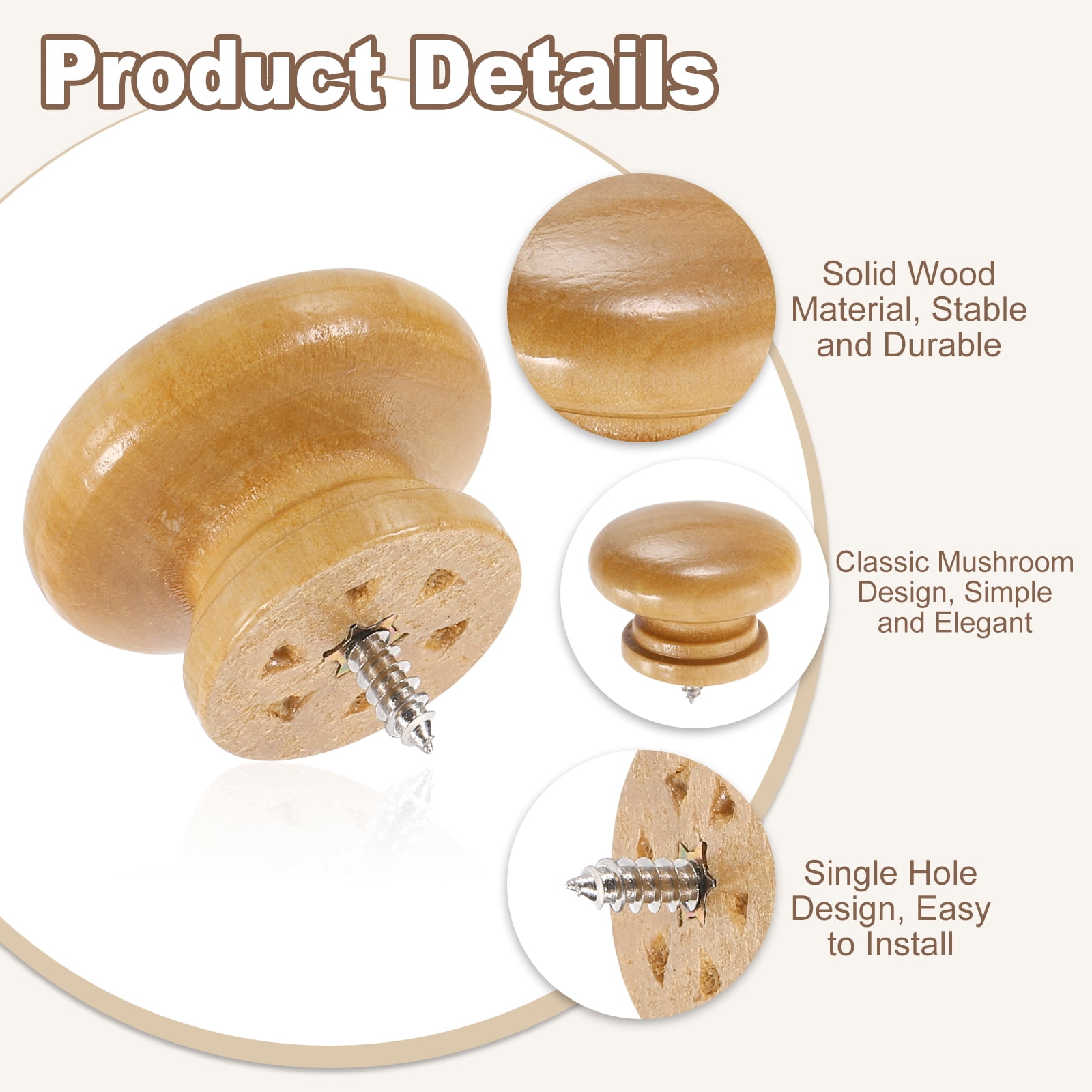 Uxcell 8 Pack Round Wood Drawer Knob, 1.54" x 1.06" Self-Tapping Solid Wood Handle Round Cabinet Knob Mushroom Shape Wooden Knobs for Furniture Dresser Wardrobe, Wood Color