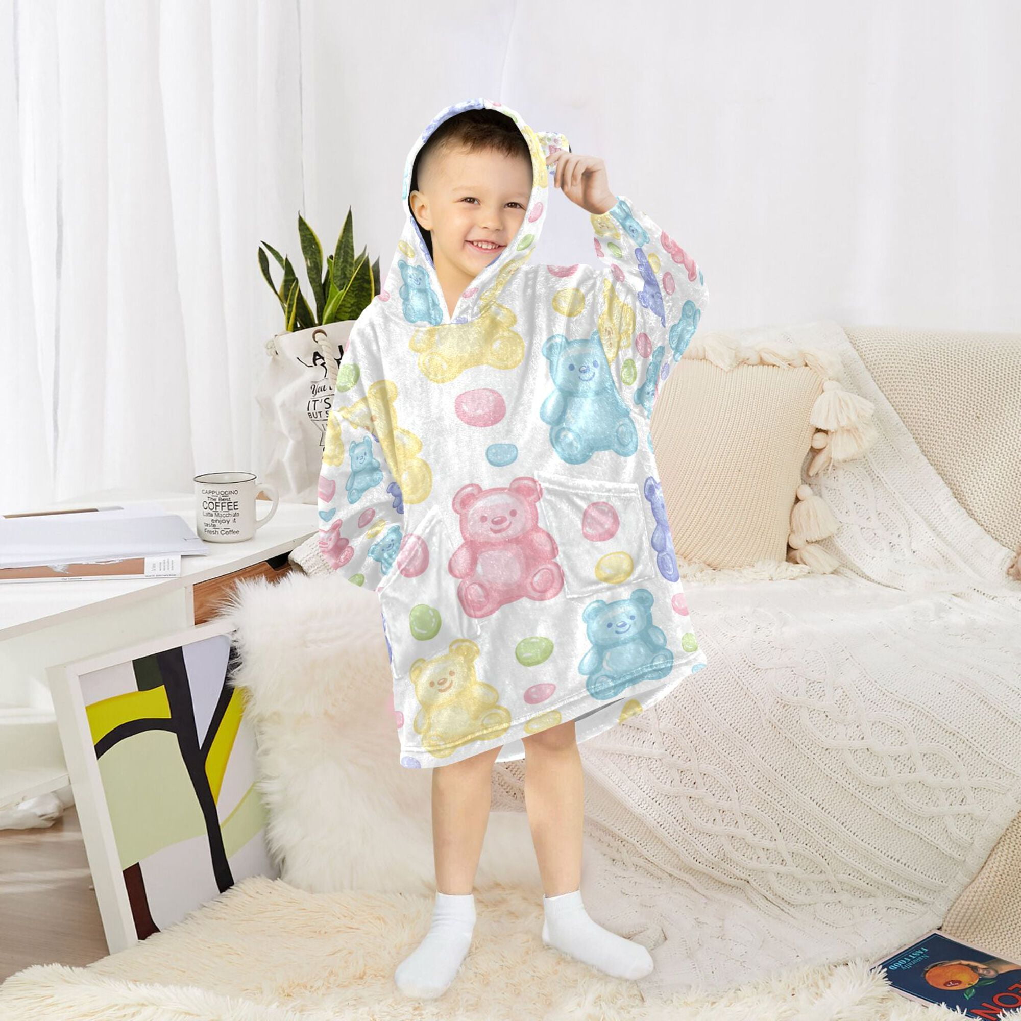 FORMRS Wearable Blanket Hoodie with Sleeves for Kids Cozy Flannel Sweatshirt, Colorful Gummy Bears Pattern