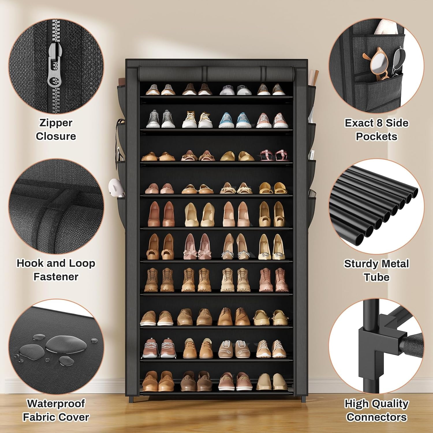 Tall Shoe Rack with Cover, 10 Tier Shoe Organizer Storage for 50-55 Pairs Shoes and Boots Large Capacity Shoe Shelf with 8 Pockets Free Standing Shoe Rack for Closet, Entryway, Garage