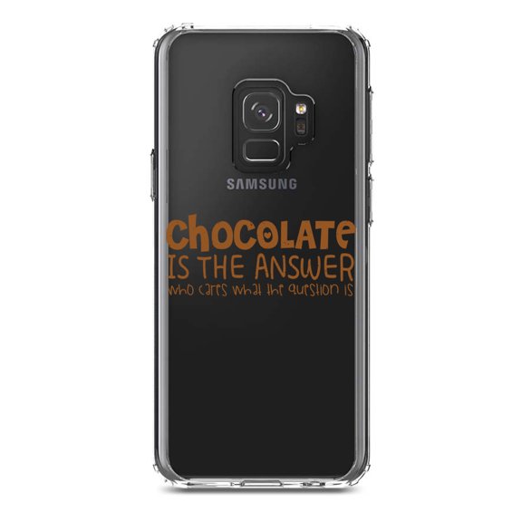 DistinctInk Clear Shockproof Hybrid Case for Samsung Galaxy S9 (5.8" Screen) - TPU Bumper Acrylic Back Tempered Glass Screen Protector - Chocolate is the Answer Who Cares Question
