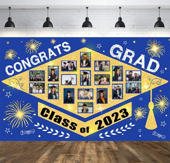 Class of 2023 Graduation Party Decorations, Blue and Gold Congrats Grad Photo Backdrop Banner