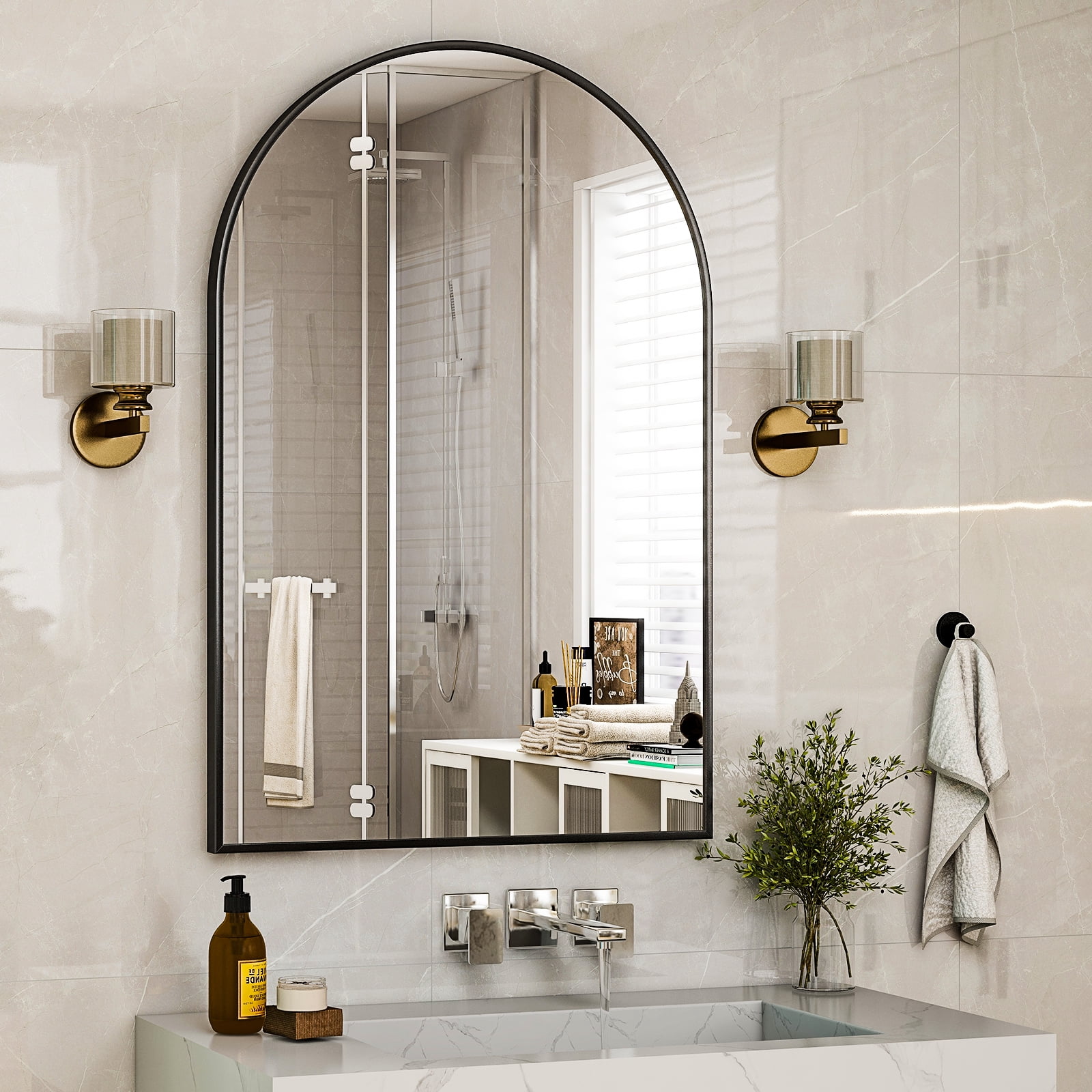 SHATTERVIEW 30"x40" Bathroom Wall Mounted Mirror Arched Hanging Vanity Mirror, Black