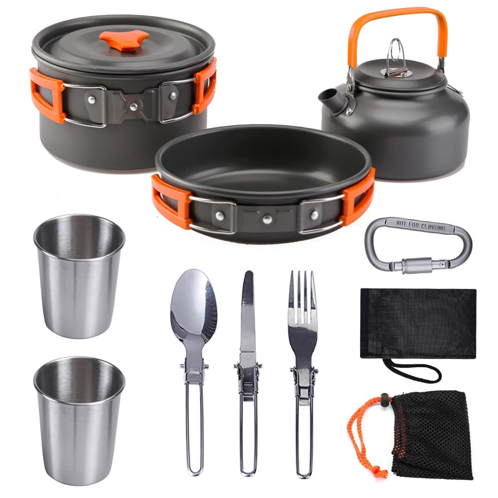 Merryhome 11 Pcs Camping Cookwares Mess Kit Gear Campfire Utensils Non-Stick Cooking Equipment Lightweight Stackable Pot Pan Bowls with Storage Bag