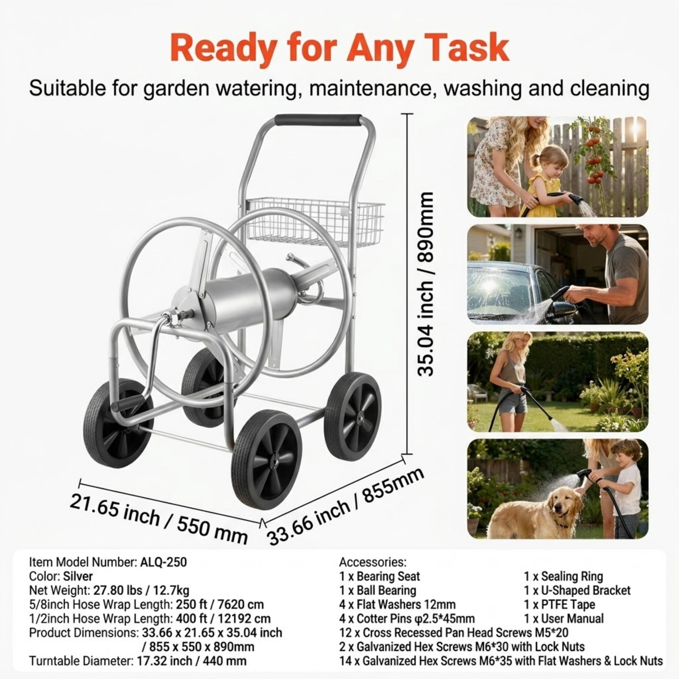 250 ft Garden Hose Reel Cart, Heavy Duty Steel Mobile Water Hose Cart with 4 Wheels & Storage Basket