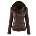 thumbnail image 2 of Ruyang Women Slim Hooded Jacket Overcoat Coat Lapel Removable Zipper Outwear Tops Detachable Hat Lined With Leather Jacket, 2 of 7