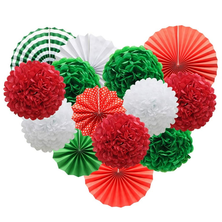 ADLKGG Red White Green Hanging Paper Party Decorations, Round Paper Fans Set Paper Pom Poms Flowers for Christmas Birthday Wedding Graduation Baby Shower