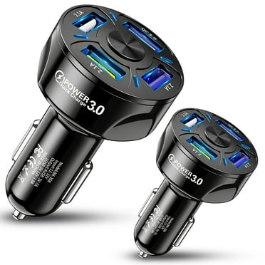 2pcs USB Car Charger, TSV 4-Port Fast Car Charger Adapter, 12V/32V 36W QC3.0 Fast Charging Power Adapter, LED Light Cigarette Lighter Charger Compatible with iPhone, Samsung, Black