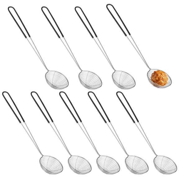 9PCS Stainless Steel Spider Strainer Spoon, Small Wire Skimmer Ladle with Anti-Scald Rubber Sleeve Handle, Metal Mesh Strainer for Hot Pot Tortellini, Hanging Kitchen Tool for Frying Cooking Boiling