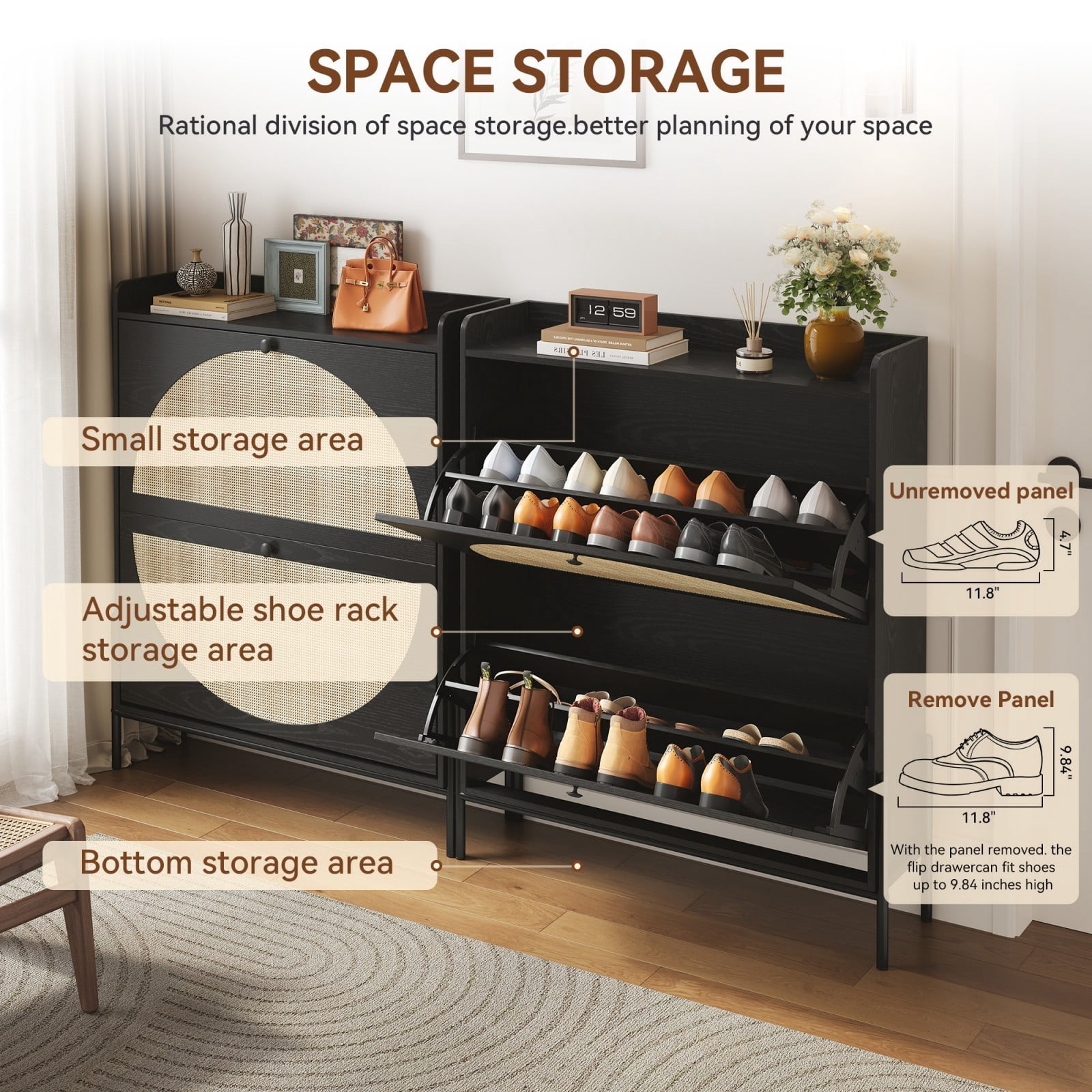 Rattan Shoe Cabinet with 2 Flip Drawers, Narrow Wooden Shoe Storage Organizer for Entryway Hallway, Black