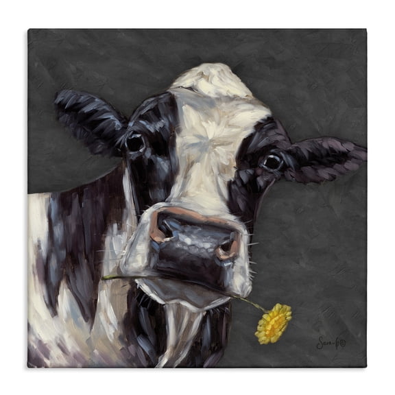 Stupell Industries Cow with Yellow Daisy Animals Painting Wrapped Canvas Art Print Wall Art, 17 x 17