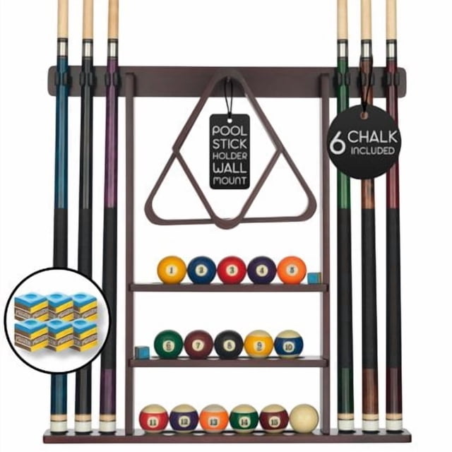 Billiards Xpress Pool Cue Rack - Pool Stick Holder Wall Mount With 16 Ball Holders & 6 Pack Of Chalk - Rubber Circle Pads & Large Clips Prevent Damage - Man Cave Billiard Table Accessories (Mahogany)