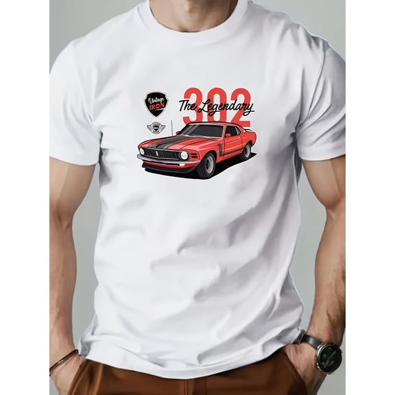 Men's Vintage Muscle Car T-Shirt - Retro Garage 302 Design Tee, Soft Breathable Fabric Regular Fit Shirt for Car Enthusiasts & Casual Casual Attire