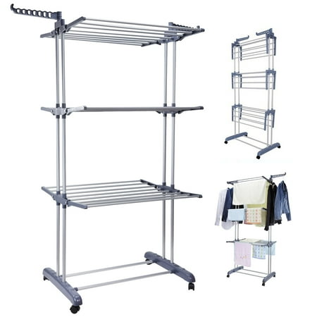 Clothes Drying Rack  4 Tier Rolling Dryer Clothes Hanger Adjustable Large Stainless Steel Garment Laundry Racks with Foldable Wings Indoor Outdoor  Gray