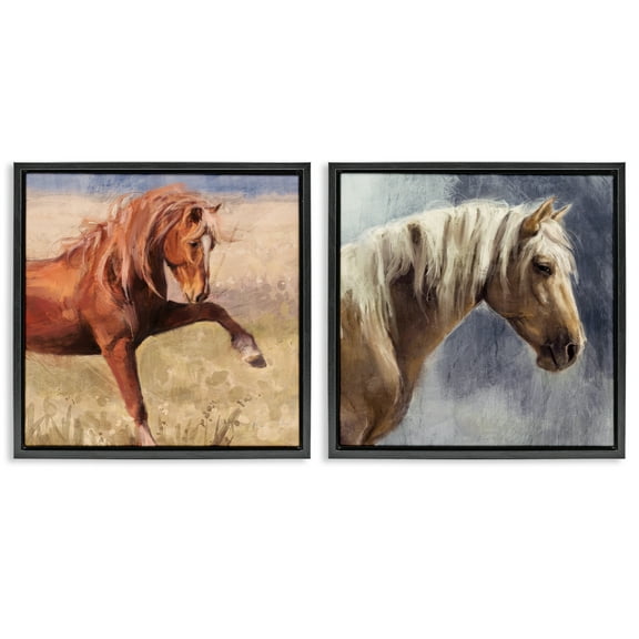 Stupell Industries Rustic Stallions Portraits Animals Painting Black Floater Framed Canvas Art Print Wall Art, 18 x 18, Set of 2