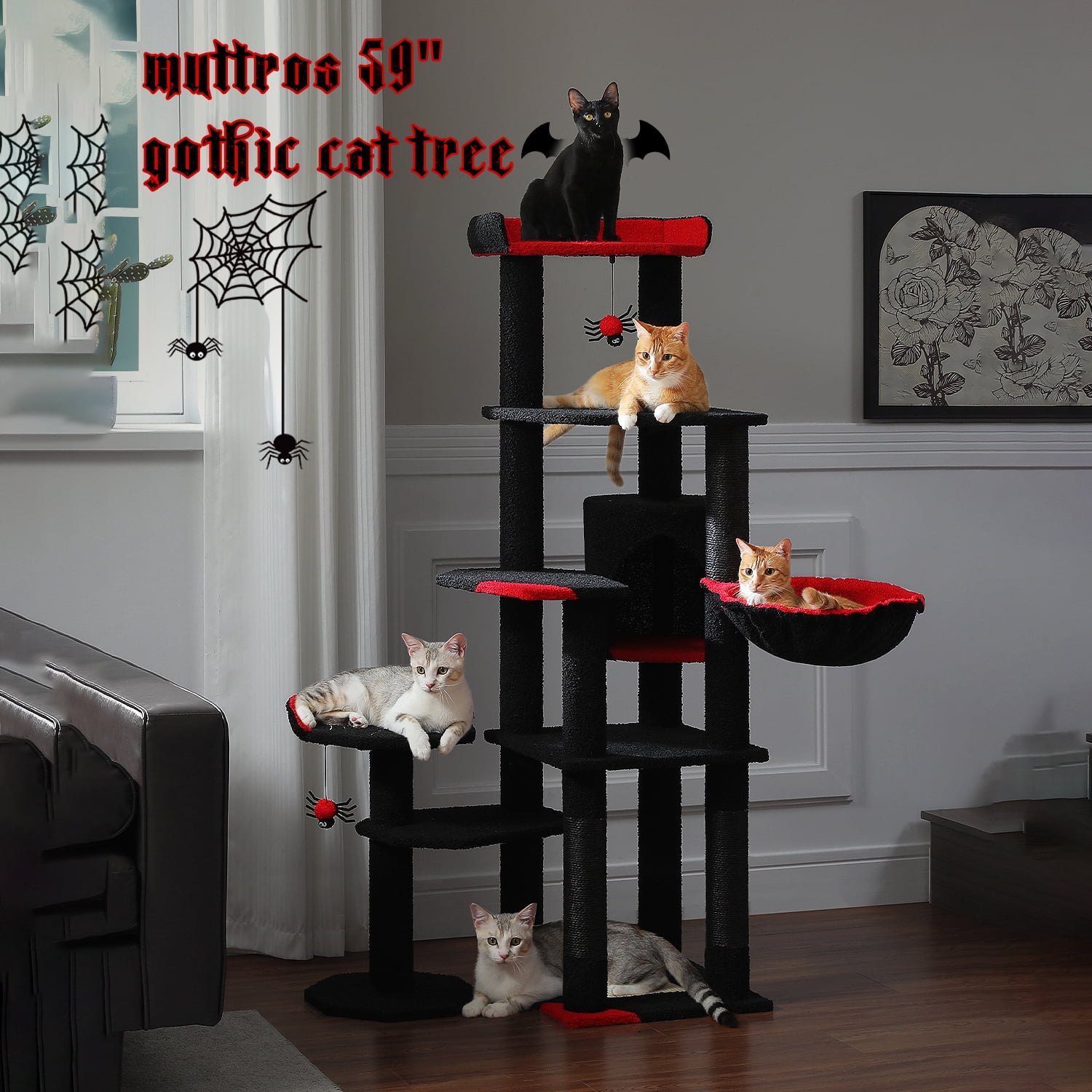 Pefilos 59" Cat Tree Tower for Indoor Cats, Multi-Level Cat Condo with 3 Removable Pompom Sticks, Cat Tree House with Hammock, Scratching Post, and 2 Perches, Black