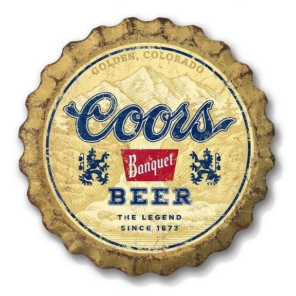 Desperate Enterprises 18 Inch Formed Aluminum Coors Banquet Bottle Cap Sign Multicolor Metal Wall Decor for Home Bar or Man Cave