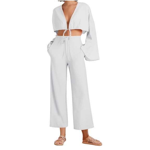 Oplxuo Womens Cotton Linen Sets 2 Piece Bell Sleeve Crop Tops Wide Leg Palazzo Pants Loungewear Vacation Outfits with Pocket