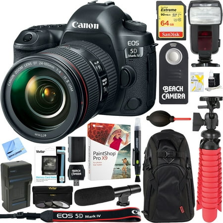 Canon EOS 5D Mark IV 30.4 MP Full Frame DSLR Camera + EF 24-105mm f/4L IS II USM Lens + UM-MIC100 Mini Condenser Shotgun Microphone + 64GB Deluxe Accessory (Best Compact Flash For Canon 5d Mark Iii)