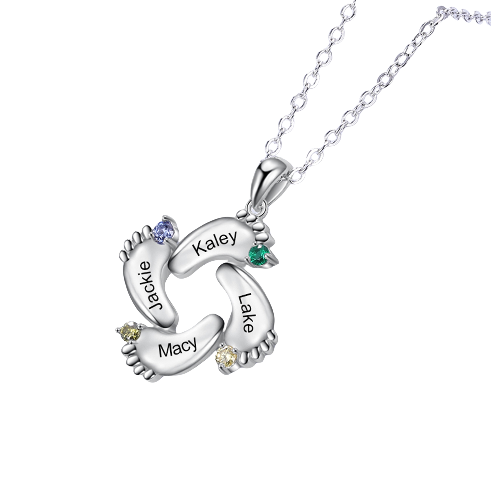 Mementos Jewelry Personalized Sterling Silver Footprint Family Mother Necklace 4 Birthstone and Name