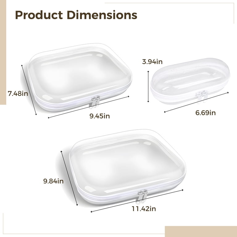 3 PCS Hard Shell Clear Zipper Pouches, 3 Sizes Zippered Cases for