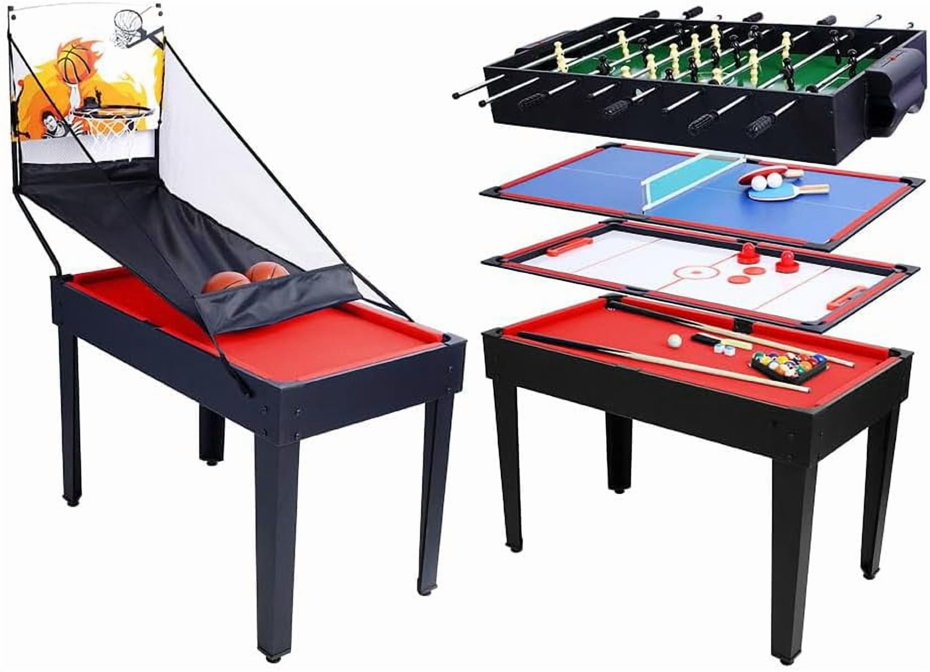 Rugerasy 5 in 1 Multi-Game Table,Combo Game Table with Billiards,Push Hockey,Foosball,Ping Pong,Basketball for Adults,Portable Multi Game Combination Table Set for Home,Game Room,Black/Red