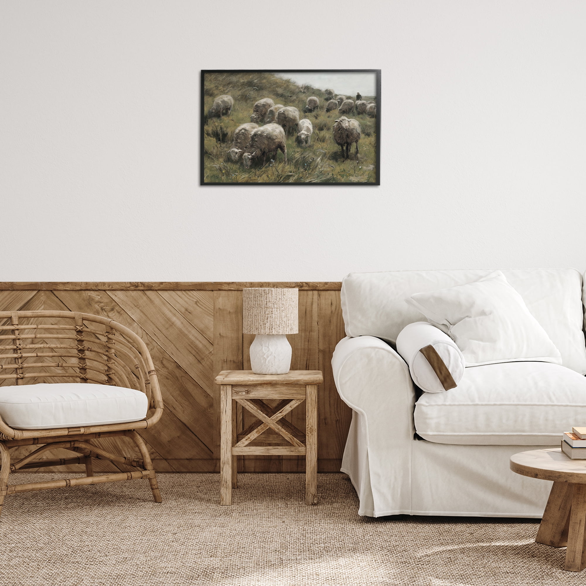 Stupell Industries Sheep At Pasture Landscape Painting Black Framed Art Print Wall Art, 24 x 16