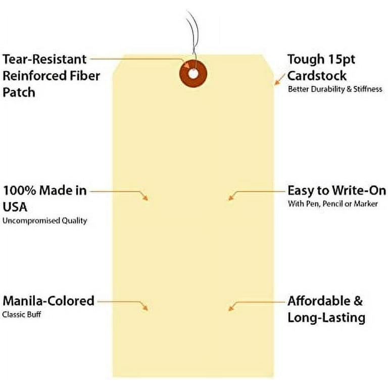 SmartSign Blank Manila Shipping Tags with Wire, Size-12, Pack of 50, 15pt  Thick Prewired Cardstock Tag, 8 x 4 inch Paper Hang Tags with Reinforced  Fiber Patch 