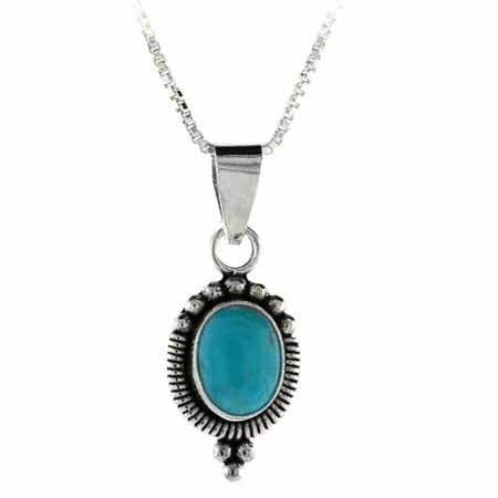 - Sterling Silver Bali Bead Reconstituted Blue Turquoise Stone Oval Pendant