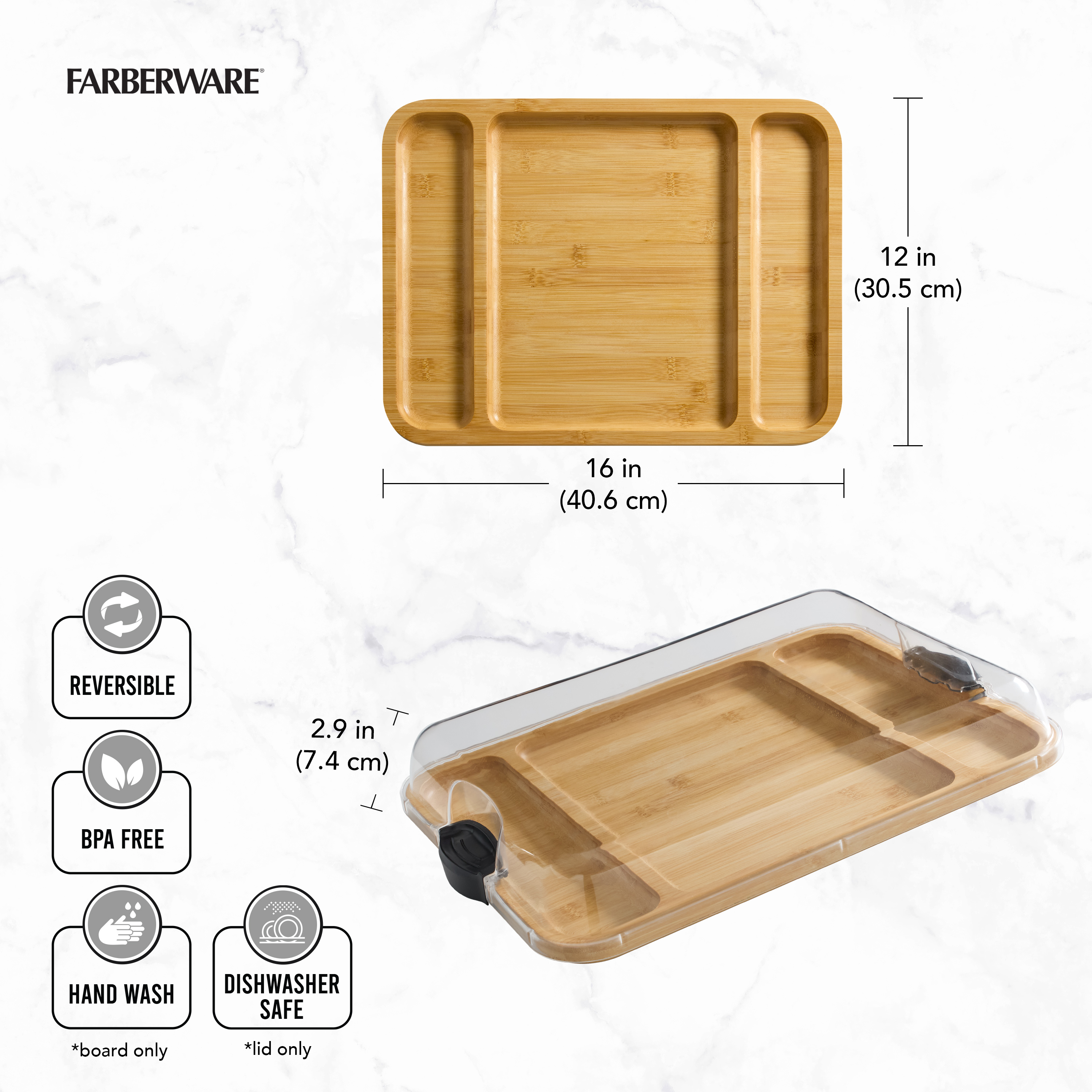 Farberware Build-a-Board 12x16-Inch Bamboo Charcuterie and Snack Board with 3 Compartments and Clear Locking Lid
