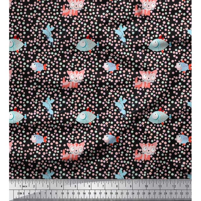 Soimoi Silk Fabric Dot,Fish & Cat Kids Print Fabric by Yard 42 Inch Wide