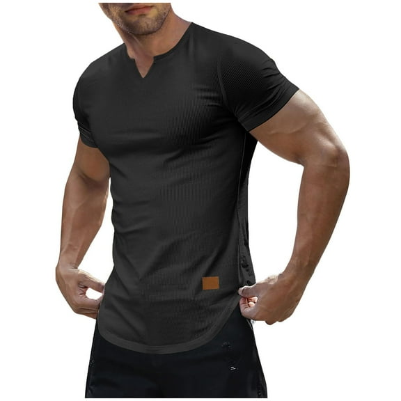 Dagegui Men's Athletic T-Shirt Black Short Sleeve Summer Slim Fit Muscle Workout Tee Solid Color Notch V Neck Tshirt Tops S