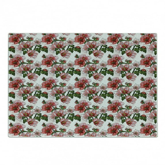 Ladybugs Cutting Board, Exotic Flowers Hibiscus Hawaiian Foliage Illustration Botany Spring Blossom, Decorative Tempered Glass Cutting and Serving Board, Small Size, Red Coral Green, by Ambesonne