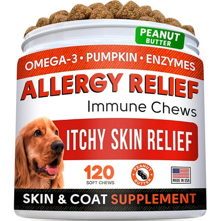 UPC: 0693634266968 | Allergy Relief Dog Treats w/ Omega 3 + Pumpkin + Enzymes + Turmeric – Itchy Skin Relief – Immune & Digestive Supplement – Skin & Coat Health – Anti-Itch & Hot Spots -Made in USA – Peanut Butter Chews
