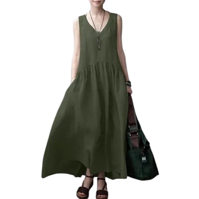 Bellella Robe Longue Débardeur pour Femme Sans Manches d'Été Plage Robe Soleil Couleur Unie Maxi Caftan Col en V Femme Vert Armée TG