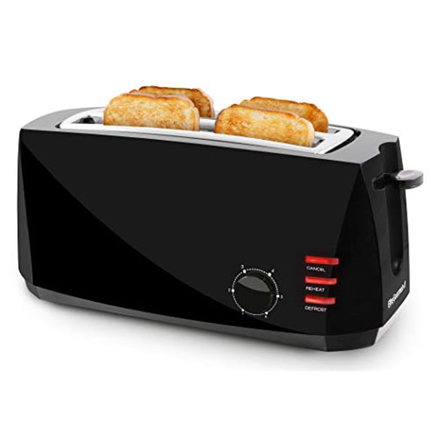 Elite Gourmet Grille-Pain à Fentes Longues 4 Tranches, Noir avec 6 Réglages de Toast, Décongélation, Réchauffage, Fonctions d'Annulation, Fentes Extra Larges