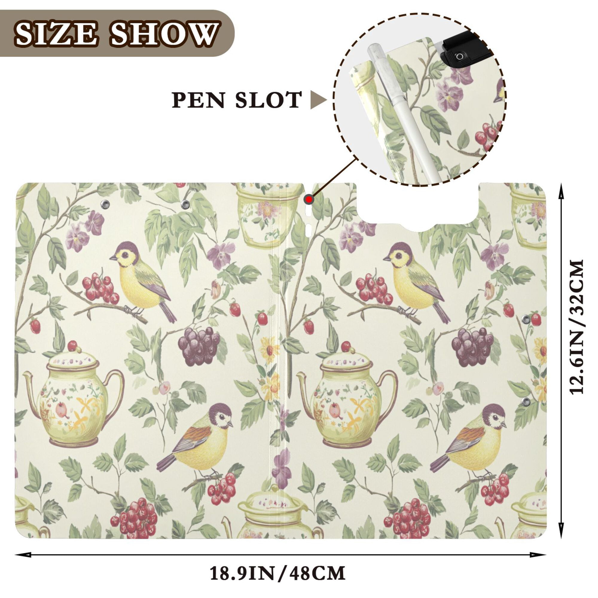 FORMRS A4 Clipboard Folder with Pen Holder Horizontal Foldable School Office Binder, Purple Birds Teapots