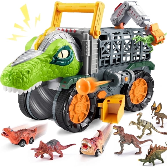 VROOMIX Kids Big Dinosaur Truck Toys with 8 Dino Figures, Crane Arm & Drive-Through Tunnel, Launching Chambers & Shooting Darts, Best Gifts for 3 Year Old Boys & Girls