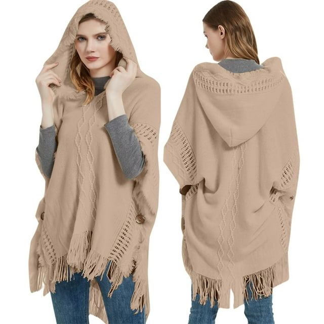 TINZ Mode pour Femmes à Franges Printemps et Automne Hiver Chandail à Manches Chauve-Souris Chandail Cape Rayée Chandail à Capuche Châle Haut Robe Châle pour Femmes Châle Enveloppe Cape d'Hiver avec Capuche Femmes
